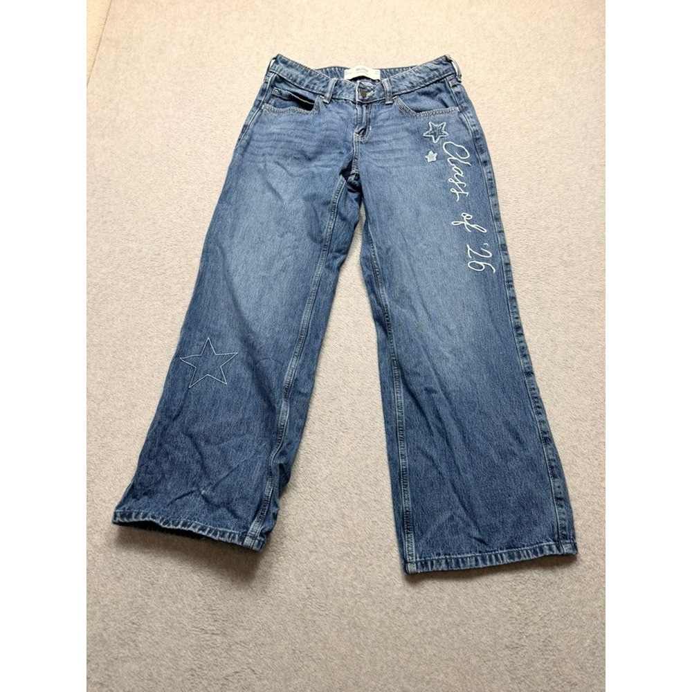 Hollister Womens Wide Leg Jeans Blue Denim Class of 26 Star Embroidered Size 5